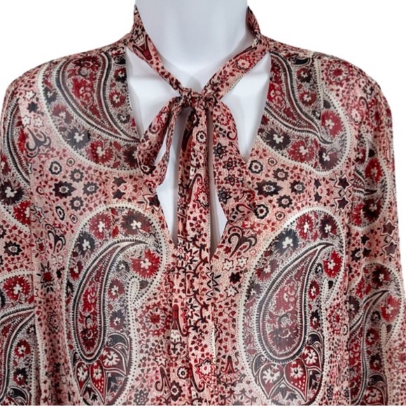 Alice + Olivia Anabel Boho Paisley Floral Bow Tie Blouse Top S Rust Black - Picture 3 of 12